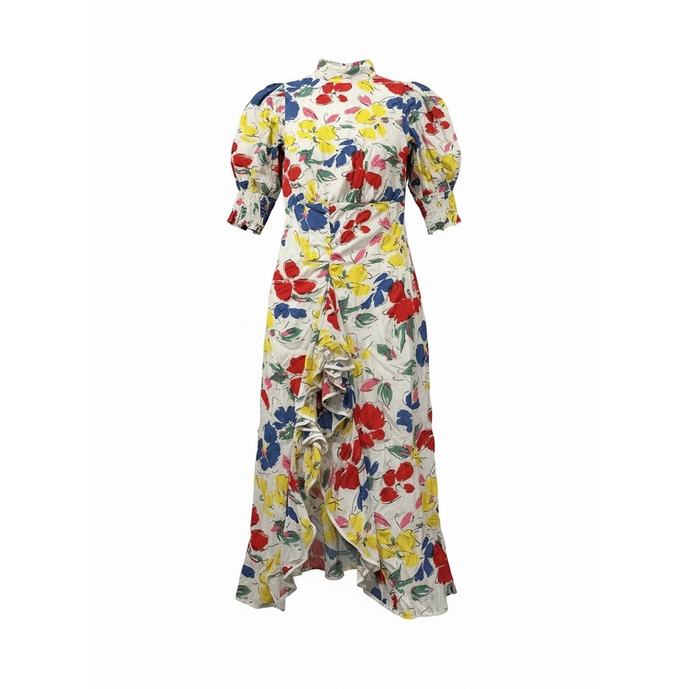 Rixo for Target Floral Maxi Dress Red Blue Yellow Puff Sleeve Ruffle Slit Sz 4